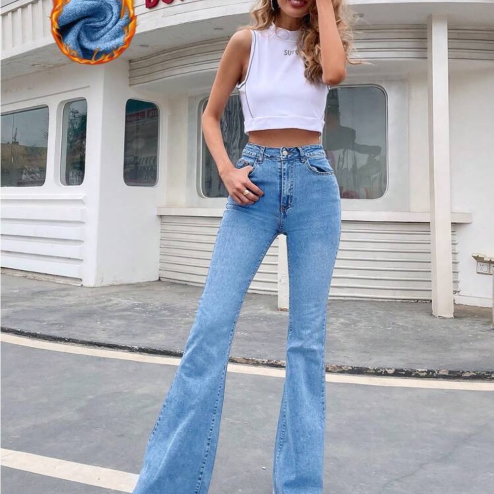 SHEIN High Waisted Raw Hem Flare Jeans